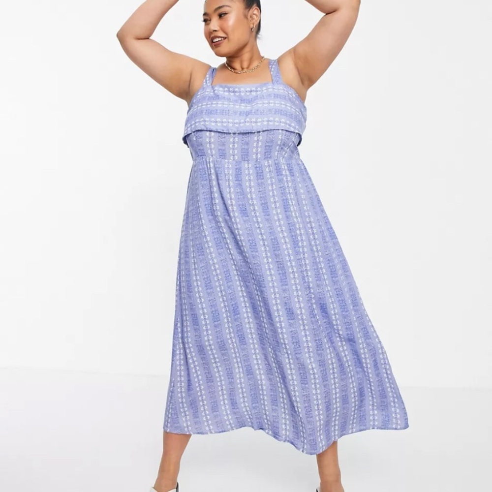 Asos En Crème Plus midi smock layered dress with tie back in blue dot Size UK 22